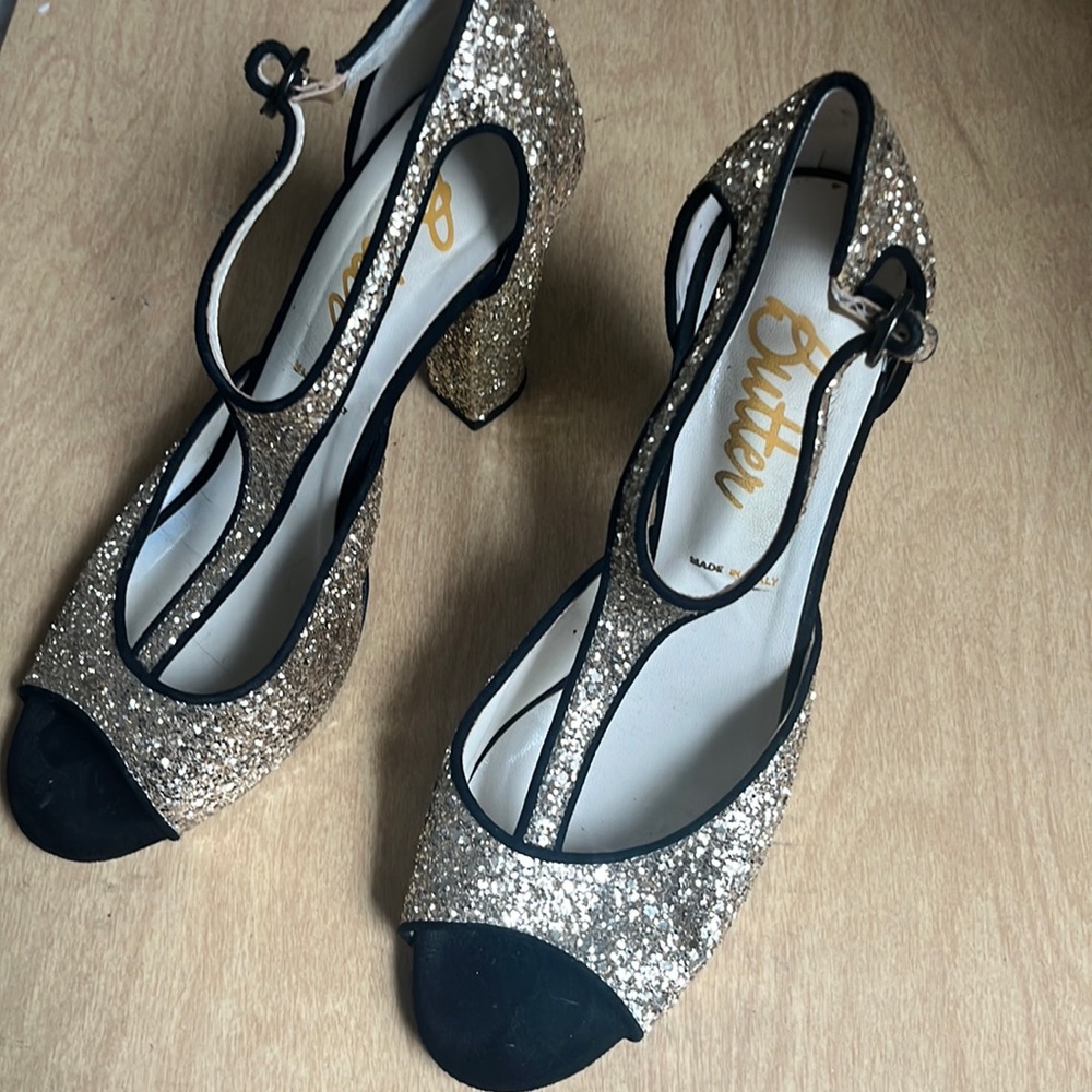 Anthropologie gold t-strap  heels